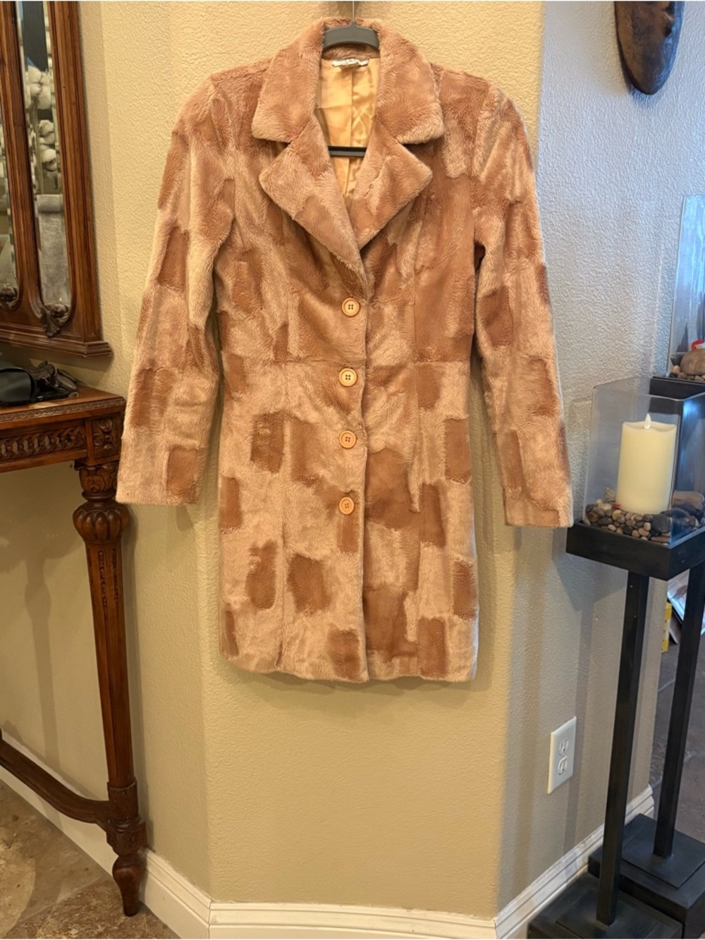 Vintage STEPS Yellow Mustard Patchwork Faux Fur Button-Front Y2K Coat Size Small